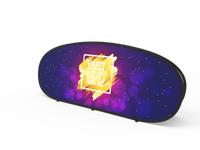 A curved promotional banner stands with a dark blue background, scattered with purple dots and a central yellow starburst reading 'ENJOY SUPERIOR SOUND QUALITY'.