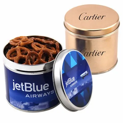 Round Tin with Mini Pretzels - Custom Shot Glass Now