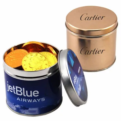 Round Tin with Chocolate Coins - Custom Shot Glass Now