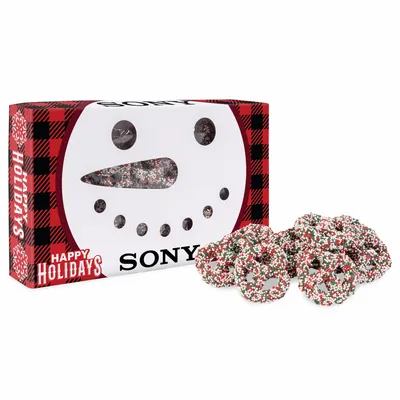 Snowman Die Cut Box with Milk Chocolate Christmas Mini Pretzels - Custom Shot Glass Now
