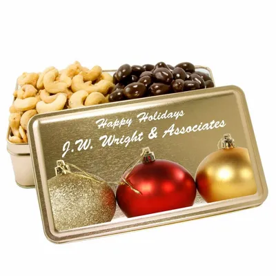 2-Share Tin - Salted Cashews/Dark Chocolate Almonds - Custom Shot Glass Now