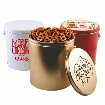 1 Gallon Gift Tin with Pretzels - Custom Shot Glass Now