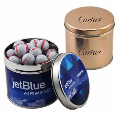Round Tin with Chocolate Baseballs - SBF4100 - Custom Shot Glass Now