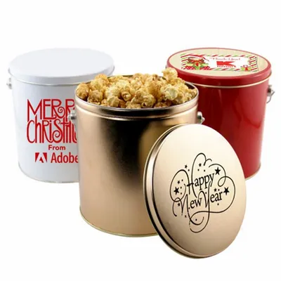 1 Gallon Gift Tin with Caramel Popcorn - Custom Shot Glass Now
