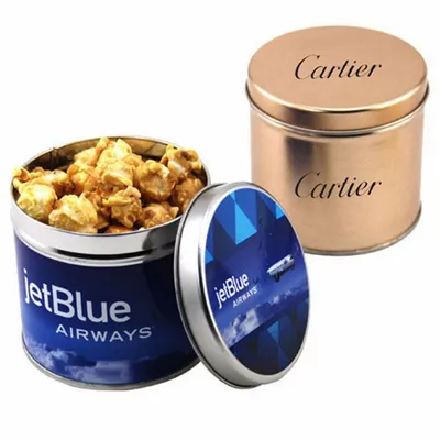 Round Tin with Caramel Popcorn - Custom Shot Glass Now