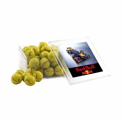 Acrylic Box with Chocolate Tennis Balls - Large - Custom Shot Glass Now