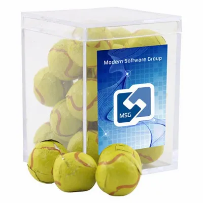 Acrylic Box with Chocolate Tennis Balls - Small - Custom Shot Glass Now