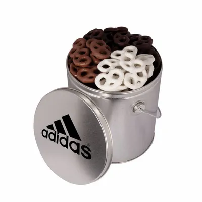 One Gallon Tin with Choc Mini Pretzels - Custom Shot Glass Now