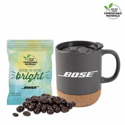 Cork Bottom Mug w/ Compostable Bag of Dark Chocolate Espresso Beans - Custom Shot Glass Now