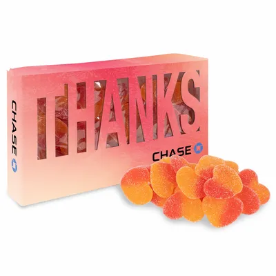 Thanks Die Cut Box with Sour Peachy Hearts - Custom Shot Glass Now