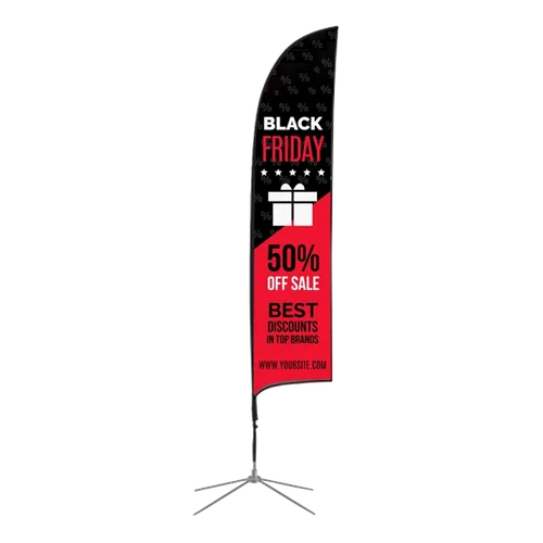 A vertical Black Friday promotional banner with stand, featuring a 50% off sale advertisement with a website URL at the bottom.