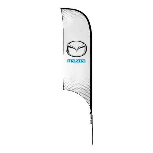 This is a promotional feather flag with the Mazda logo and brand name on a white background, designed for advertising purposes.