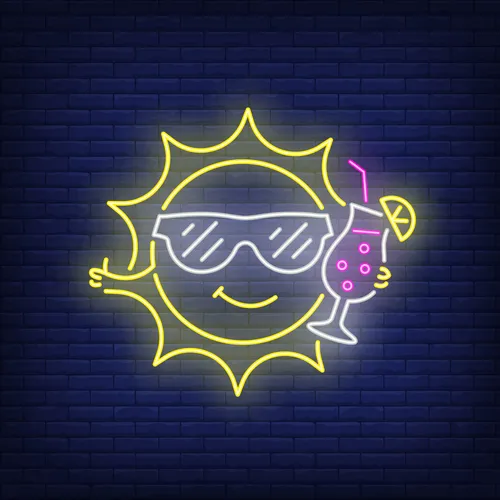 Cartoon Sun Drinking Cocktail Neon Sign - Custom Shot Glass Now