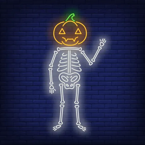 Skeleton with Pumpkin Head Neon Sign - Custom Shot Glass Now