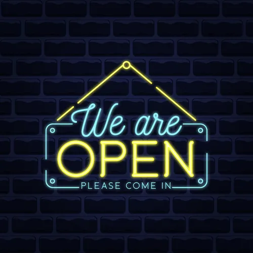 We Are Open Blue and Yellow Neon Sign - Custom Shot Glass Now