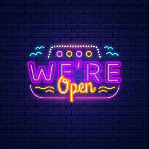 We're Open with Wave Lines Neon Sign - Custom Shot Glass Now