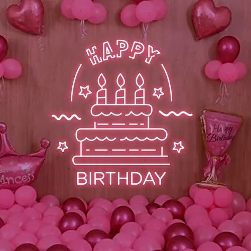 Big Happy Birthday Text with Cake Neon Sign - Custom Shot Glass Now