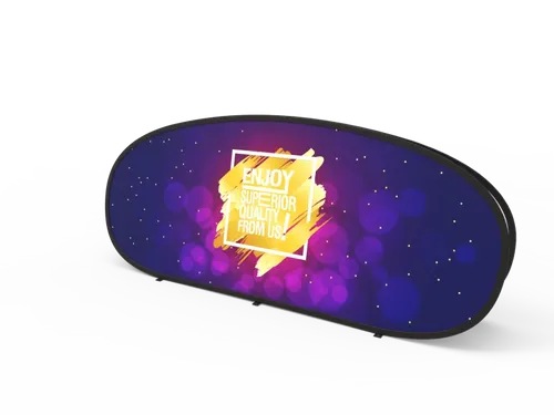 This is an elliptical trade show display banner with a purple background featuring sparkles and a central gold seal stating 'ENJOY SUPERIOR QUALITY FROM US.'