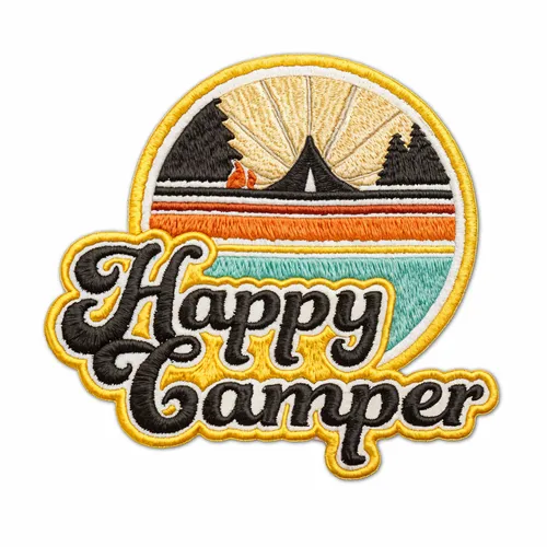 Round Happy Camper Iron On Patch - Custom Shot Glass Now