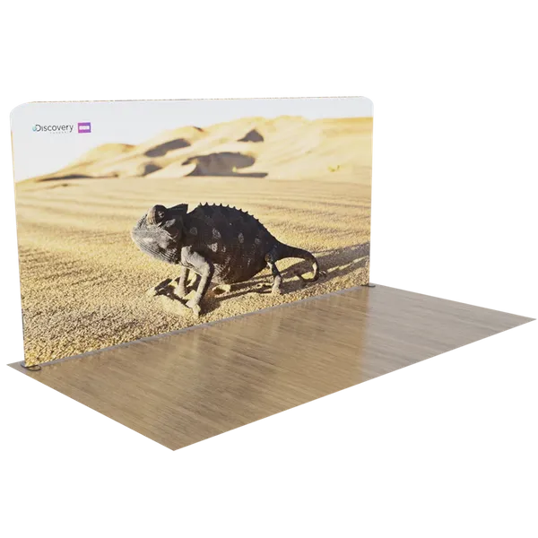 A trade show display featuring a high-resolution image of a chameleon on sand with the Discovery channel logo in the upper left corner.
