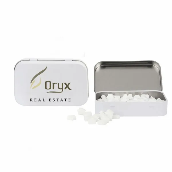 Rectangular Tin with House Shaped Mints - Custom Shot Glass Now