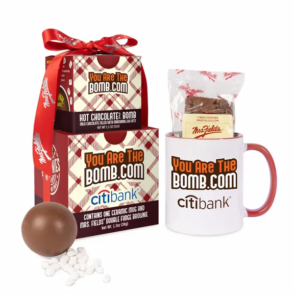 Mrs. Fields Mug, Brownie, Hot Chocolate Bomb Gift Set - Custom Shot Glass Now