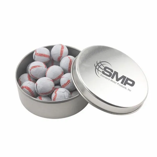 Round Tin with Chocolate Baseballs - SBF3000 - Custom Shot Glass Now