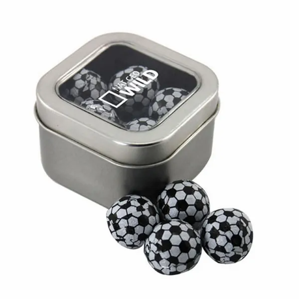 Window Tin with Chocolate Soccer Balls - SBF2500 - Custom Shot Glass Now