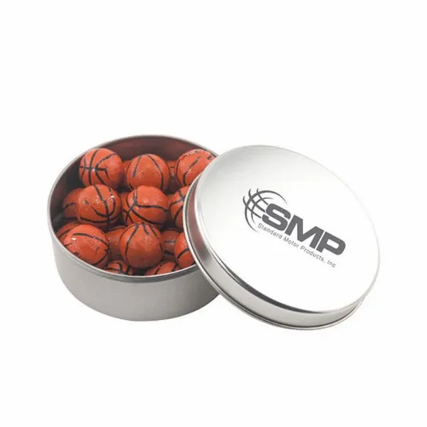 Round Tin with Chocolate Basketballs - SBF3000 - Custom Shot Glass Now
