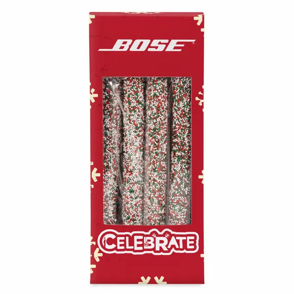 Holiday Chocolate Dipped Non Pareil Pretzel Rods - Custom Shot Glass Now