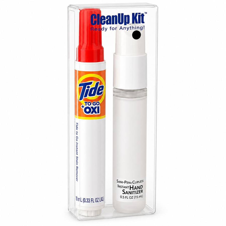 CleanUp Kit - Tide® to Go + Oxi and Sani-Pen® Clipless™ Travel Kits - Custom Shot Glass Now