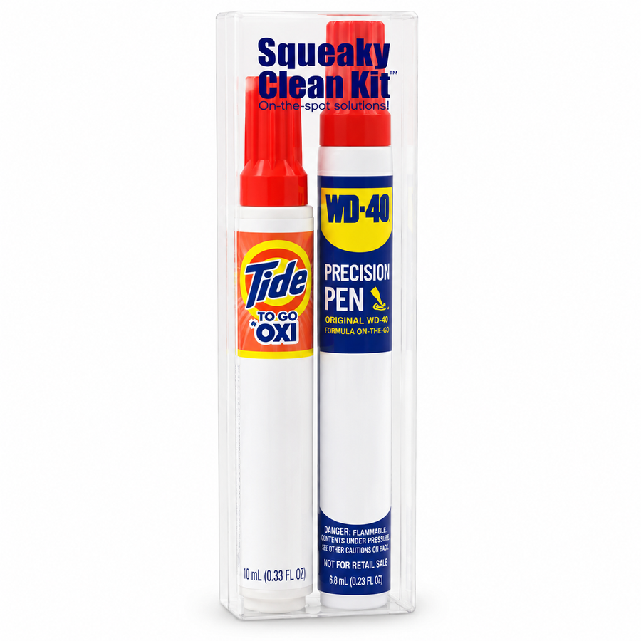 Squeaky Clean Kit - WD-40® Precision Pens and Tide® to Go + Oxi Travel Kits - Custom Shot Glass Now